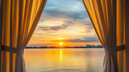 Experience a serene sunset view through draped curtains, casting warm golden light over calm waters, creating a tranquil atmosphere perfect for relaxation.の素材