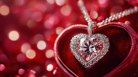 A stunning heart-shaped pink diamond pendant rests delicately on a plush red background filled with soft bokeh lights, perfect for romantic occasions.の素材