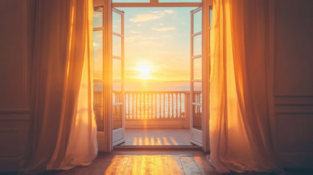 A stunning view of a sunrise from open doors with flowing curtains, casting warm light over a serene water landscape, creating a tranquil atmosphere.の素材