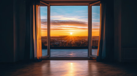 A breathtaking sunset view framed by an open window, showcasing a vibrant horizon bathed in warm colors, perfect for invoking serenity and nature's beauty.の素材