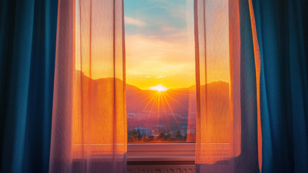 A stunning view of a vibrant sunrise through sheer curtains framing mountains. The warm colors create a serene morning atmosphere, perfect for relaxation.の素材