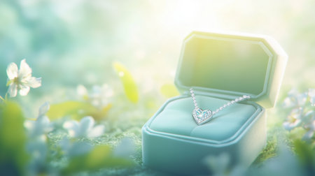 A stunning heart-shaped silver necklace rests in an open jewelry box amidst blooming flowers, capturing the essence of love and elegance in soft natural light.の素材