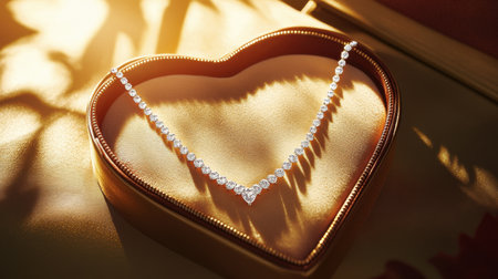 A stunning diamond necklace elegantly displayed in a heart-shaped jewelry box, showcasing its brilliance against a soft satin background with warm lighting.の素材
