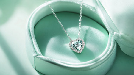 This image showcases an elegant heart-shaped necklace featuring a shimmering gemstone nestled in a soft blue jewelry box, perfect for gifts.の素材