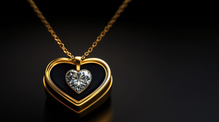 An exquisite heart-shaped gold pendant featuring a brilliant diamond center, elegantly suspended on a delicate chain against a sleek black background.の素材