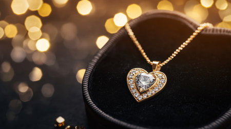 A stunning heart-shaped gold necklace adorned with sparkling diamonds, resting elegantly on a black velvet background, perfect for romantic occasions.の素材