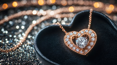 Exquisite heart-shaped pendant necklace featuring a central diamond surrounded by sparkling stones, ideal for romantic gifts and elegant jewelry displays.の素材