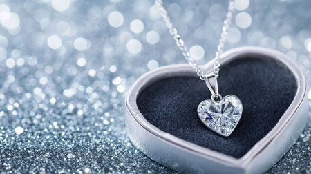 This stunning heart-shaped diamond necklace rests on a plush display, surrounded by a sparkling backdrop, making it a perfect symbol of love and elegance.の素材