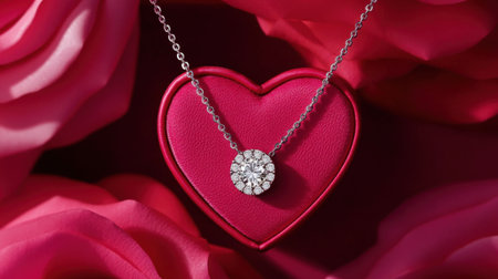 Capture the essence of elegance with this silver necklace featuring a beautiful diamond pendant, elegantly placed on a pink heart-shaped box surrounded by vibrant roses.の素材