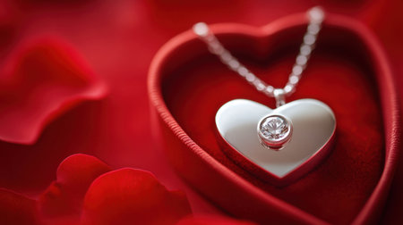 Captivating heart-shaped jewelry displayed elegantly in a velvet box against a backdrop of delicate red rose petals, perfect for expressing love.の素材