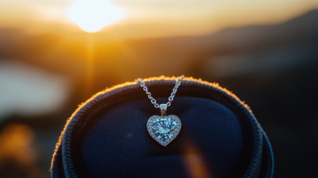 A stunning heart-shaped diamond pendant necklace captured against a breathtaking sunset backdrop, showcasing its brilliance and elegance. Perfect for romantic gifts.の素材