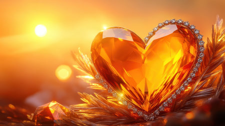 A stunning heart-shaped orange gem radiates warmth and beauty, complemented by sparkling accents, set against a soft sunset backdrop. Perfect for themes of love and elegance.の素材