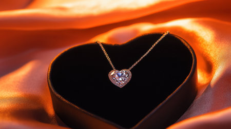 A stunning heart-shaped necklace gracefully placed in a black jewelry box lies on elegant fabric, capturing the essence of love and timeless beauty.の素材
