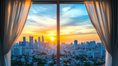 A breathtaking sunset view from a window, showcasing a vibrant urban skyline. Sheer curtains frame the scene, creating a serene atmosphere perfect for reflection.の素材