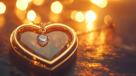 A stunning heart-shaped pendant featuring a sparkling gemstone, resting on a wooden surface. Surrounded by warm lights, this jewelry piece conveys love and elegance, perfect for romantic occasions or as a special gift.の素材