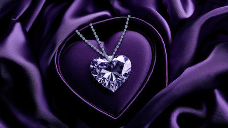 A stunning heart-shaped purple gemstone necklace rests elegantly on a rich purple satin fabric, showcasing luxury and romance. Perfect for gifts or special occasions.の素材