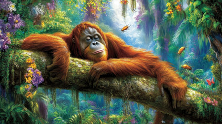 A serene orangutan rests peacefully on a mossy branch in a vibrant rainforest atmosphere filled with colorful flora and fauna. This captivating scene highlights the beauty of nature and the importance of wildlife conservation.の素材