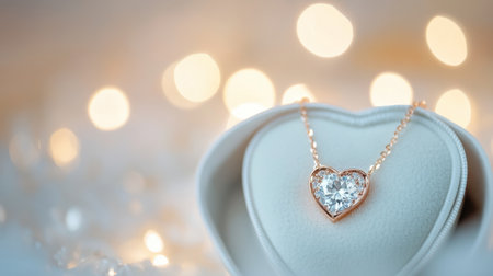 A stunning heart-shaped diamond necklace displayed on a soft surface, surrounded by a dreamy bokeh background, perfect for romantic gifts and special occasions.の素材