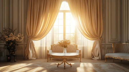 This image showcases an elegant living room featuring warm sunlight streaming through large windows, complemented by decorative curtains and stylish furnishings.の素材