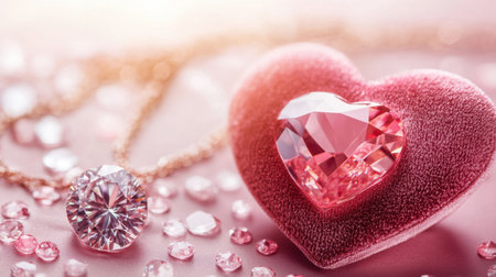 This romantic image features a stunning heart-shaped gemstone alongside a sparkling necklace, all set on a soft pink background. Perfect for conveying love and elegance.の素材