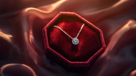 A stunning diamond pendant necklace elegantly placed inside a luxurious jewelry box, surrounded by rich velvet fabric, perfect for gifts or special occasions.の素材