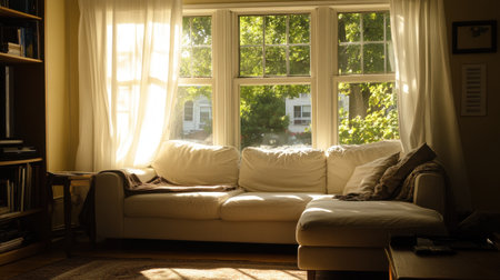 A bright and inviting living room featuring a soft sofa bathed in warm sunlight. Large windows showcase the beauty of nature, enhancing the cozy atmosphere.の素材