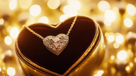 Close-up shot of an exquisite heart-shaped jewelry box holding a stunning necklace, surrounded by soft glowing lights, perfect for romantic gifts.の素材