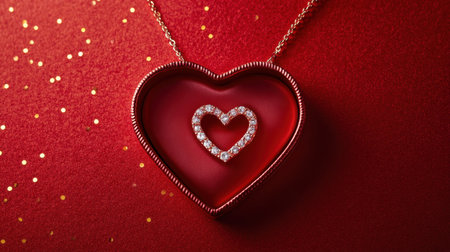 This stunning image features an elegant red heart necklace adorned with sparkling diamonds, set against a glittering red backdrop, ideal for gifts.の素材