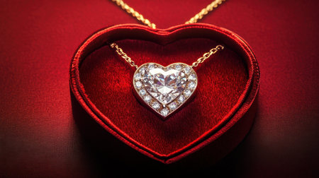 This stunning heart-shaped necklace adorned with sparkling diamonds sits elegantly in a plush red jewelry box, perfect for romantic gifts and special occasions.の素材