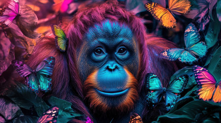 A stunning image of a vibrant orangutan facial close-up, surrounded by colorful butterflies and lush greenery, capturing the beauty of wildlife and nature.の素材