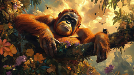 A serene orange ape rests peacefully on a vibrant branch amidst colorful flowers and buzzing bees, capturing the tranquility of a lush tropical forest scene.の素材