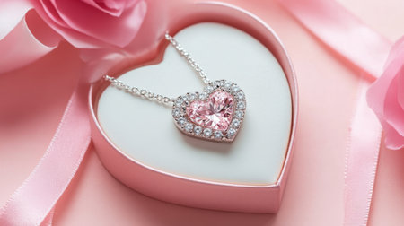 A stunning heart-shaped necklace featuring a pink gemstone shines in an elegant gift box. The charming arrangement includes soft pink roses and ribbons, perfect for expressing love.の素材