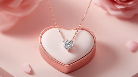A beautifully crafted heart-shaped jewelry box features a dazzling diamond necklace. Set against soft pink flowers, this romantic image captures elegance and luxury.の素材