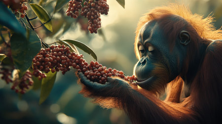 A charming orangutan enjoying a cluster of fresh fruits in its natural habitat, showcasing the beauty and serenity of the wild. This image captures a moment of connection with nature.の素材