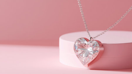 A stunning heart-shaped clear crystal necklace rests on a soft pink platform, creating a captivating blend of elegance and style, perfect for fashion lovers.の素材