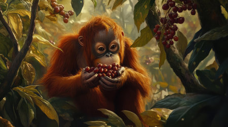 A delightful baby orangutan enjoys fresh coffee cherries in a vibrant jungle setting. This enchanting moment captures the beauty and innocence of wildlife amidst lush greenery.の素材