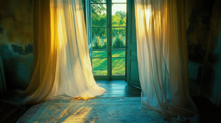 A tranquil interior scene showcasing soft morning light filtering through sheer curtains, inviting viewers to appreciate the lush green landscape outside, embodying serenity and elegance.の素材