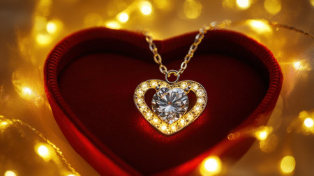 Capture the essence of love with this elegant heart-shaped necklace featuring a sparkling stone, beautifully set in a red heart box illuminated by warm lights.の素材