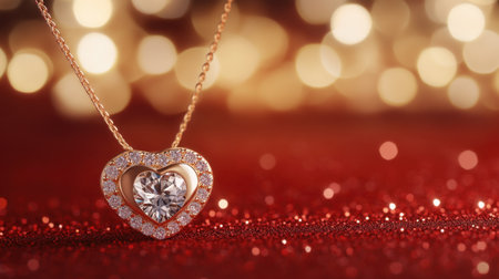 A stunning heart-shaped necklace featuring a brilliant diamond surrounded by sparkling gems, presented against a glimmering red background, perfect for romantic occasions.の素材