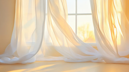 A serene scene featuring soft sheer curtains gently swaying in the sunlight. The warm light creates a tranquil and cozy ambiance, perfect for home interiors.の素材