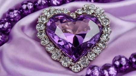 A stunning heart-shaped amethyst gemstone surrounded by sparkling diamonds, elegantly placed on a silky purple fabric to enhance luxury aesthetics.の素材