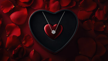 A stunning necklace showcased in a heart-shaped box, surrounded by vivid red rose petals, perfect for expressing love on special occasions.の素材
