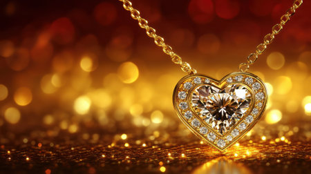 A stunning heart-shaped necklace featuring a brilliant diamond pendant, set against a dazzling golden background, perfect for celebrations and romantic gifts.の素材