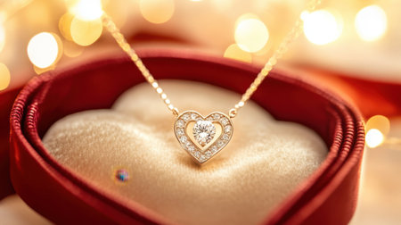 This image features a stunning heart-shaped necklace adorned with sparkling diamonds, elegantly resting on a plush red velvet background, perfect for gift giving.の素材