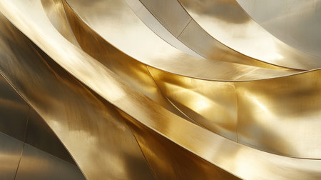 This stunning abstract image showcases smooth golden metal waves with captivating reflections, ideal for use in art projects, designs, or backgrounds.の素材