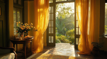 A serene room filled with warm sunlight, showcasing elegant curtains and a beautiful garden view. Perfect for capturing tranquility and harmony in home decor.の素材