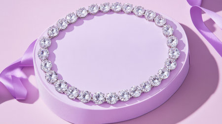 A stunning elegant jewelry necklace is beautifully showcased on a soft purple background, featuring a delicate ribbon and luxurious design. Perfect for marketing.の素材