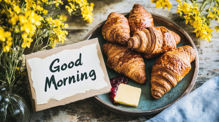 A beautiful display of freshly baked croissants served on a rustic plate with butter and jam, accompanied by a cheerful "Good Morning" sign and vibrant yellow flowers.の素材
