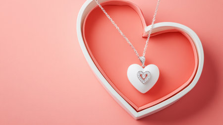 A stunning white heart pendant adorned with sparkling diamonds sits elegantly in a heart-shaped jewelry box against a soft pink background. Perfect for romantic gifts.の素材