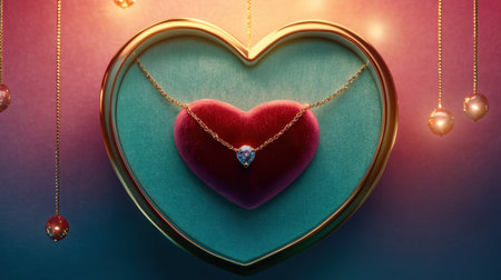 This captivating image features an elegant heart-shaped pendant nestled in a plush velvet box against a warm, glowing background, ideal for showcasing luxury jewelry.の素材